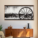 Wagon Wheel, Mountain Landscape, Black and White Western Art, Rustic Home Decor, Framed Canvas Print, Farmhouse Living Room Art