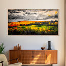 Fall Mountain View, Golden Forest Landscape, Moody Sky Painting, Rustic Country Art, Autumn Scene, Vibrant Wall Decor, Framed Canvas Print