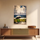 Seaside Relaxation Art, Green Beach Chair, Black White Umbrella, Ocean Scene, Serene Wall Decor, Nautical Home Artwork, Canvas Print