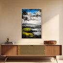 Tropical Beach Scene, Coastal Landscape Art, Black White Blue Yellow, Palm Tree Ocean Decor, Relaxing Home Gift, Framed Canvas Print