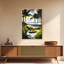 Palm Trees, Fire Pit, Coastal Escape, Beach House Decor, Black and White Art, Tropical Landscape, Canvas Print, Relaxing Wall Art