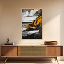 Ocean Cliffs, Coastal Landscape, Golden Tones, Black and White Seascape, Framed Canvas Print, Beach House Wall Art, Office Wall Decor