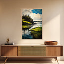 Lake Serenity, Peaceful Waters, Scenic Landscape, Nature Wall Art, Vibrant Green and Blue, Framed Canvas Print, Relaxing Home Decor