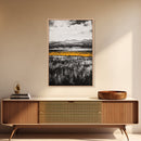 Golden Meadow, Black and White Landscape with Yellow Accents, Minimalist Nature Wall Art, Framed Canvas Print, Living Room or Office Decor