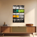 Modern Window Abstract, Black and White with Green and Yellow, Geometric Wall Art, Contemporary Interior Design, Framed Canvas Print