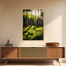 Forest Scene, Green Woodland Art, Sunlit Trees Print, Serene Nature Wall Decor, Cozy Cabin Art, Framed Canvas Print, Rustic Home Decor