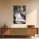 Waterfall Scene, Black and White Art, Forest Wall Decor, Cabin Aesthetic, Adventure Landscape Print, Wilderness Gift, Canvas Print