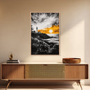 Lighthouse Sunset, Nautical Wall Art, Coastal Painting, Canvas Print, Orange and Black Artwork, Ocean Home Decor, Beach House Design
