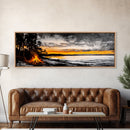 Campfire by Lake, Sunset Landscape Art, Cozy Rustic Print, Fall Wall Decor, Outdoor Adventure Canvas Print, Framed Canvas Print