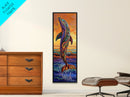 Dolphin Ocean, Sunset Splash, Vibrant marine wall decor Framed Canvas Print, colorful coastal boho art, beach house wall art