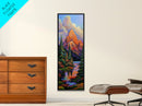 Mountain Pines, Autumn Stream, Framed Canvas Print vibrant alpine landscape painting, autumn trees and lake reflection, rustic lodge wall decor