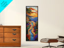 Sunset, Palms, Cactus, Stream - Framed Canvas Print, Tropical Desert Wall Art, Southwest Coastal Decor, Colorful Living Room Boho Painting
