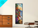 Ocean, Flowers, Cliff, Sunset, Framed Canvas Print, Vibrant Coastal Landscape, Dining Room Wall Art, Colorful Beachside Decor