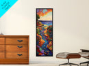 Sunset River, Landscape, Painting, Framed Canvas Print, Vibrant sunset river wall art, nature home decor, mountain style, hallway wall art