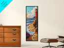 Lighthouse Beach, Nautical, Sunset Glow Framed Canvas Print, Ocean Wall Art, Coastal Living Room Decor, Seaside Boho Painting