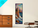 Ocean Rocks, Cliffs, Framed Canvas Print, Dramatic rocky shoreline painting with crashing waves, coastal landscape art, living room decor