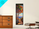 Trees Shoreline,Sunset,Serene — Framed Canvas Print, coastal nature wall art, tropical autumn decor, landscape painting, living room artwork
