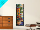 Villa Palms, Beach Colorful — Framed Canvas Print, tropical vacation home decor, beach house art, vibrant coastal scene, entryway print