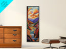 Canyon Sunset, Waterfall Calm, Framed Canvas Print, dramatic mountain wall art, nature inspired living room decor, colorful scenic landscape