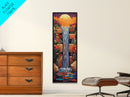 Sunset Waterfall, Flowers Fantasy, Framed Canvas Print, Vibrant landscape art, living room boho decor, magical nature scene