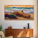 Coastal Driftwood, Waves, Sunset, Framed Canvas Print, ocean beach decor, colorful seascape, tropical wall art, living room wall art