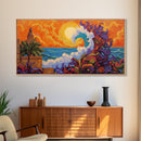 Ocean Wave, Sunset, Lighthouse, Framed Canvas Print vibrant coastal art, whimsical seascape painting, tropical decor, beach wall art