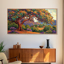 Tree Bird, Village, Sunset, Canvas Print autumn countryside art, peaceful nature wall painting, colorful landscape, farmhouse decor