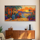Sunset Courtyard, View, Vibrant sunset courtyard scene with ocean and mountain backdrop, Framed Canvas Print, kitchen wall art