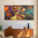Village, Boats, Coastal, Pathway, Framed Canvas Print, Mediterranean street scene, colorful coastal home decor, kitchen wall art