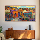 Colorful Adobe Homes, Desert Village Scene, Southwest Art Style, Canvas Print, Boho Wall Decor, Vibrant Courtyard Painting
