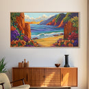 Ocean Cliffside, Flowers, Canvas Print, Colorful beachscape painting, Bathroom Wall Art, vibrant coastal decor,beach flower wall art