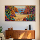 Cove Palms, Beach, Framed Canvas Print, Secluded tropical beach scene, Bedroom Wall Art, boho paradise vibes, coastal summer escape