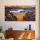 Waves Beach, Sunset, Coastal, Framed Canvas Print, Ocean Wall Art, Colorful Seascape Decor, Nautical Living Room Accent, Coastal Vibes