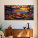Firepit Sunset, Cozy, Night, Canvas Print warm evening campfire artwork, fall wall decor, lakeside cabin print, romantic outdoor setting