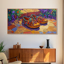 Colorful Moccasins, Boho, Style, Framed Canvas Print, vibrant moccasin shoes, Boho Decor, Bedroom Wall Art, Southwestern art