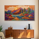 Sunset Lake, Autumn Trees, Mountain Reflections, Framed Canvas Print, Cozy Fall Wall Art, Bedroom Decor, Warm Landscape Painting