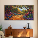 Nature Pathway, Garden, Trees, Framed Canvas Print, vibrant forest trail art, spring botanical decor, living room boho landscape