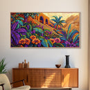 Jungle, Flowers, Adobe, Hillside, Framed Canvas Print tropical wall art, vibrant living room decor, boho jungle scene painting