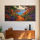 Trail Trees, Ocean, Bright, Framed Canvas Print vibrant nature path artwork, coastal forest boho art, kitchen wall decor