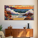 Sunset Surf, Crashing Waves, Coastal Mountains, Canvas Print, Vibrant Seascape Wall Art, Beach House Art, Bathroom Ocean Decor