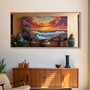 Sunset Ocean, Waves, Vibrant, Coastal Landscape Framed Canvas Print, Living Room Wall Art, Bold Color Art, Tropical Beach Sunset Decor