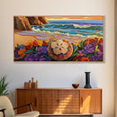 Ocean Beach, Flower, Sand Dollar, Coastal Beach Scene Framed Canvas Print, Bathroom Wall Art, Tropical Seaside Decor, Coastal Painting