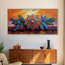 Mandala Sunset, Leaves, Ornament, Framed Canvas Print, spiritual boho wall decor, entryway wall art, zen home sacred symbol painting