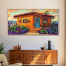 Casita Tropical, Sunset, Garden, Framed Canvas Print, Mexican villa painting, rustic kitchen decor, vibrant coastal house wall art