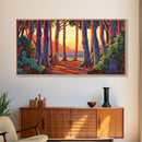 Trees Forest, Ocean, Sunset, Coastal Forest Path Framed Canvas Print, Nature Lover Wall Art, Cabin Decor, Fall Living Room Art