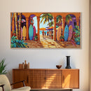 Surfboards Beach, Tropical, Colorful Life, Framed Canvas Print, Coastal Art, Entryway Wall Decor, Surf Shack Vibes, Tropical Summer