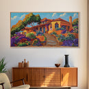 Villa Garden, Adobe, Colorful, Framed Canvas Print, vibrant Mexican villa wall art, blooming flowers, southwestern kitchen décor