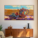Teapot Patio, Desert, Ceramic, Framed Canvas Print, bold desert teapot art, colorful Mexican pottery, sunny outdoor patio wall art