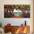 Beach Trees, Tunnel, Ocean, Sunset beach tunnel view, Framed Canvas Print, Coastal Boho Decor, Romantic Seaside Wall Art