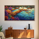 Tree, Ocean, Cliffside, Wildflowers, Framed Canvas Print, Vibrant ocean view, coastal tree decor, autumn style living room wall art